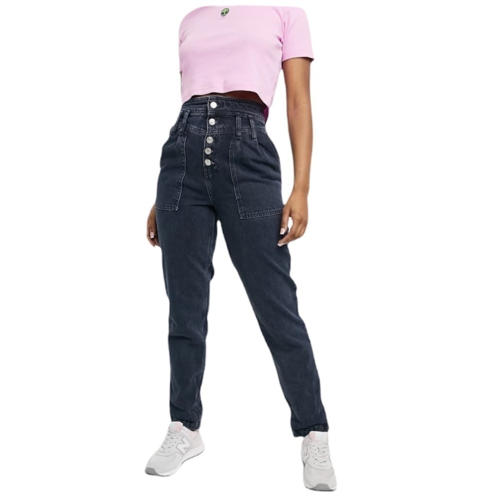 NWT TopShop Sandra Mom Black/Blue Wash High Waist Straight Leg Jeans Size 31 v6x